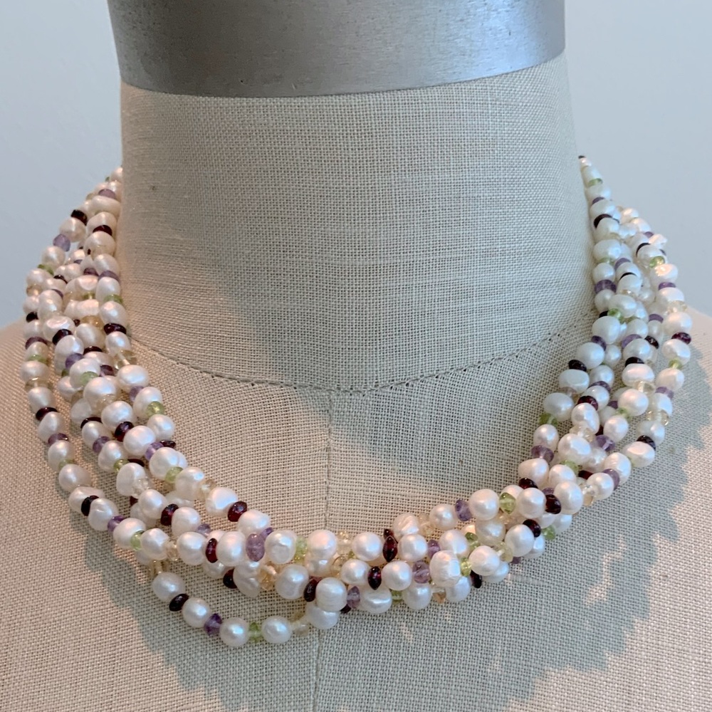 Pearls and Citrine, Amethyst, Peridot, Garnet Multi-Strand Necklace